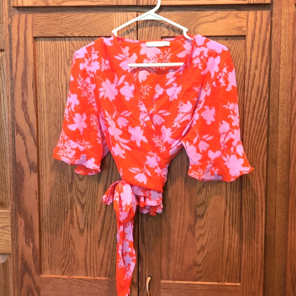 Lavender and red summery wrap blouse